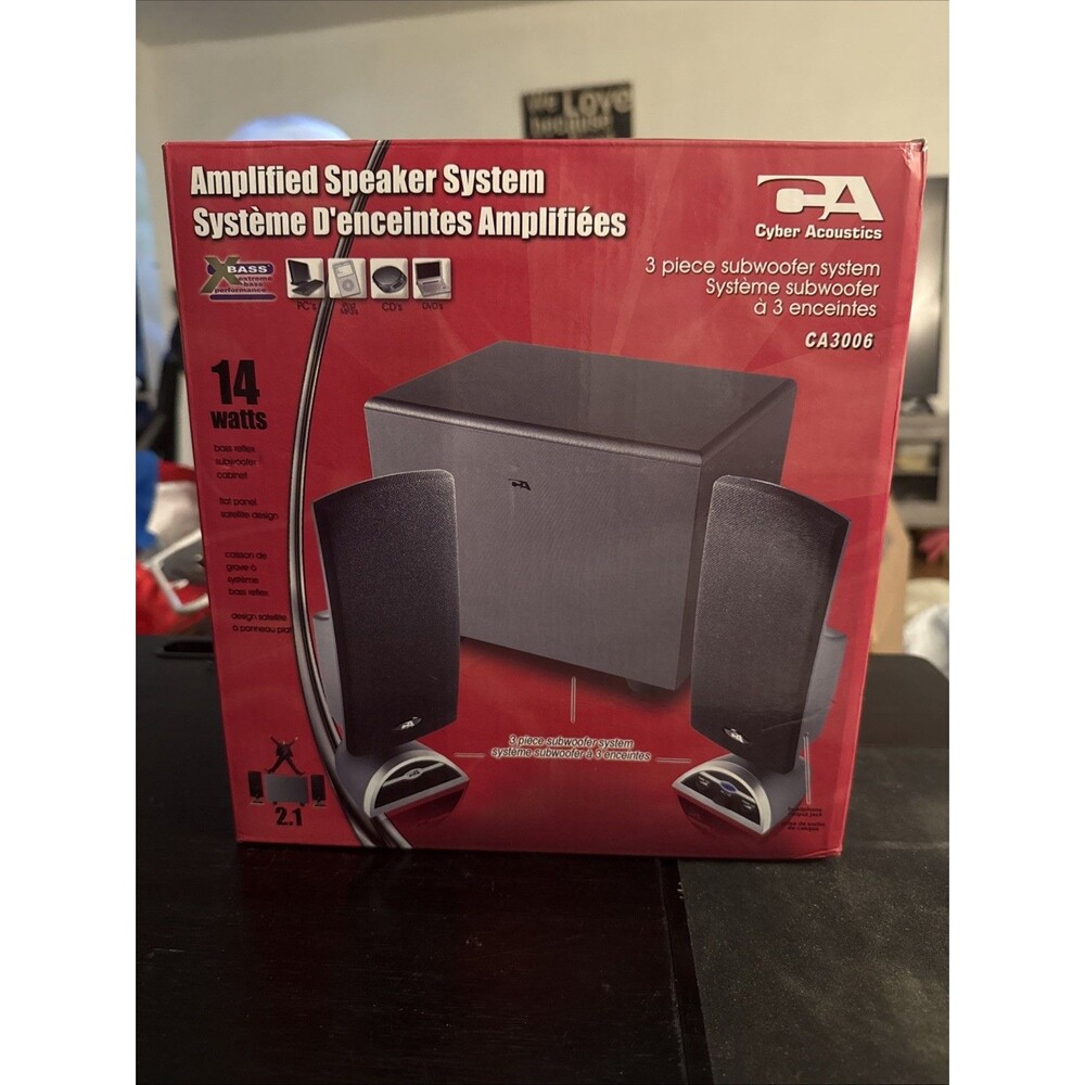 Open Box Cyber Acoustics Amplified Speaker System 3 Piece Subwoofer 2.1 CA-3080